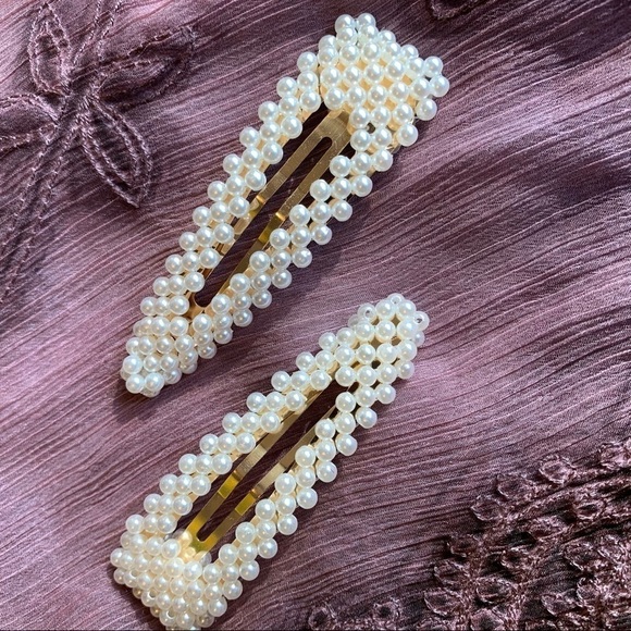 Ivory Pearl embellished clip on barrettes, pair glam prom wedding dressy dance - Picture 8 of 10